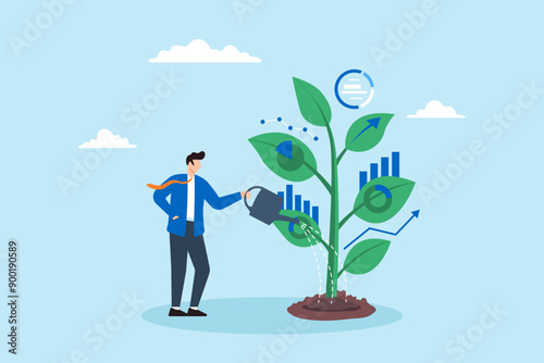 Growing business opportunities, nurturing insights, fostering economic growth concept vector illustration. Analyst watering plant with data leaves
