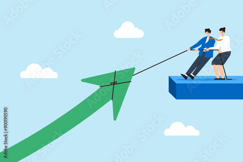 Driving business growth, increasing sales performance, collaborative effort in strategic planning, positive market trend concept vector illustration. Team pulling giant arrow upwards