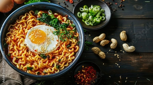 Korean instant noodle with stir fried brisket and onsen egg. Scallion Oil Noodles with fried egg, top and chilli oil, bowl