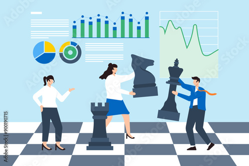 Strategic market moves, competitive analysis, data-driven decision-making, planning for business success concept vector illustration. Team of analysts playing chess with financial pieces