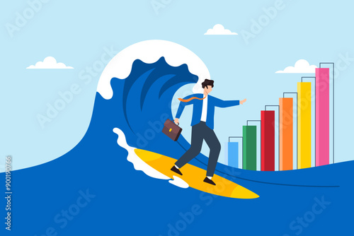 Surfing market trends, adaptation to economic shifts, strategic agility, data-driven decision-making concept vector illustration. Business analyst riding wave of financial charts
