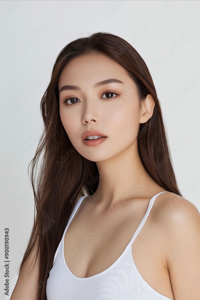 A woman with long brown hair wearing a white tank top A woman with long brown hair wearing a white tank top