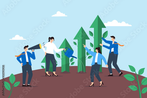 Cultivating market growth, nurturing business strategies, data-driven success, collaboration planning concept vector illustration. Team of analysts planting and watering garden of upward bar graphs