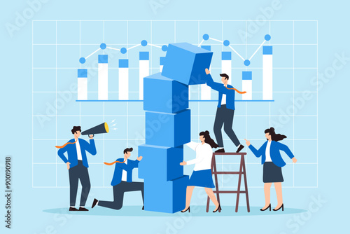 Constructing solid business strategies, foundation of analytical insights, collaboration market planning concept vector illustration. Analysts team building tower of blocks with financial charts