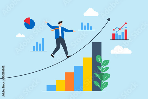 Balancing business risks and rewards, strategic stability, data-driven decision-making, navigating market challenges concept vector illustration. Analyst walking on tightrope of financial charts