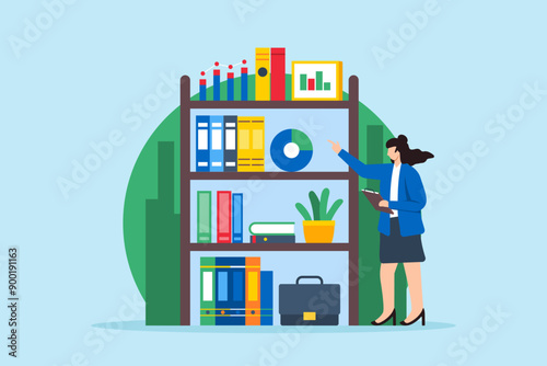 Business knowledge management, strategic data organization, comprehensive analysis, systematic planning concept vector illustration. Analyst organizing bookshelf of financial reports