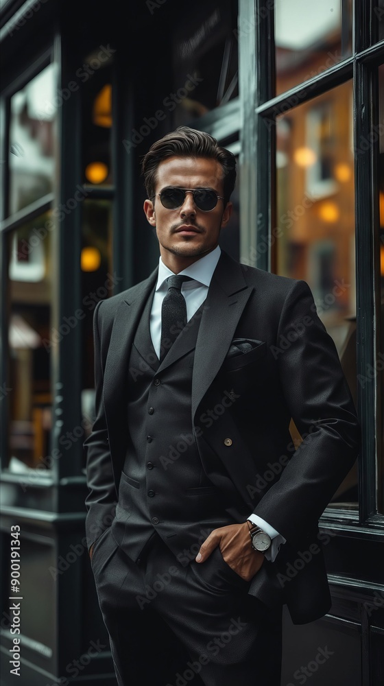 A man in a suit and sunglasses leaning against a window A man in a suit and sunglasses leaning against a window