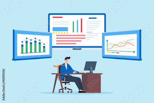 Marketing strategy management, data-driven decision-making, strategic oversight, business coordination concept vector illustration. Analyst operating control room with financial charts