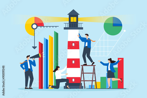 Guiding market strategy, data-driven navigation, strategic foresight, illuminating business paths concept vector illustration. Team of analysts constructing lighthouse with bar graphs