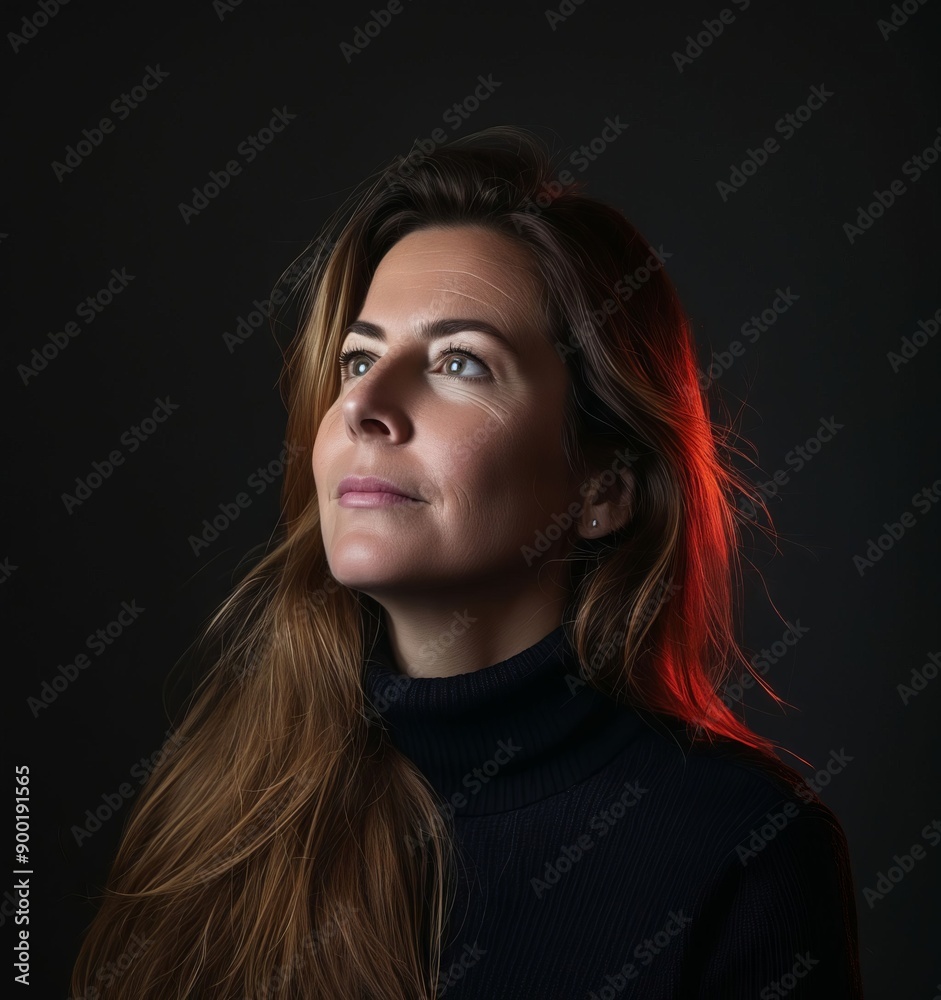 A woman with long brown hair looking up at the sky A woman with long brown hair looking up at the sky
