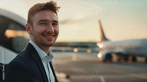 A man in a suit standing in front of an airplane