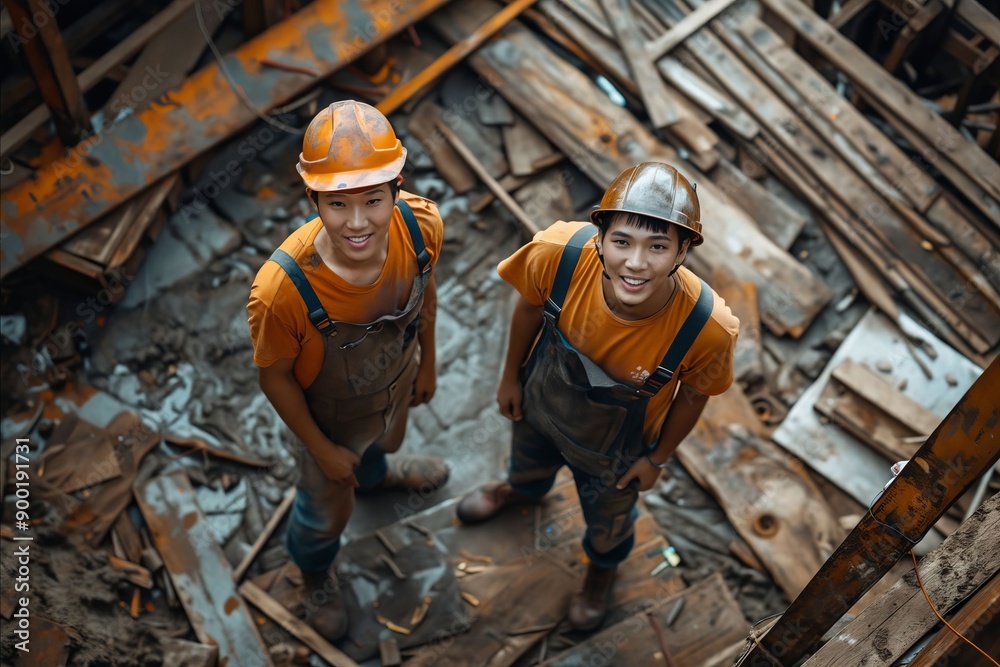 Two asian men in hard hats and overalls standing on a construction site