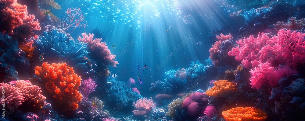 Underwater Coral Reef with Sunbeams and Fish Underwater Coral Reef with Sunbeams and Fish