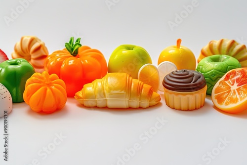 Colorful plastic fruit and sweet shapes on white photo