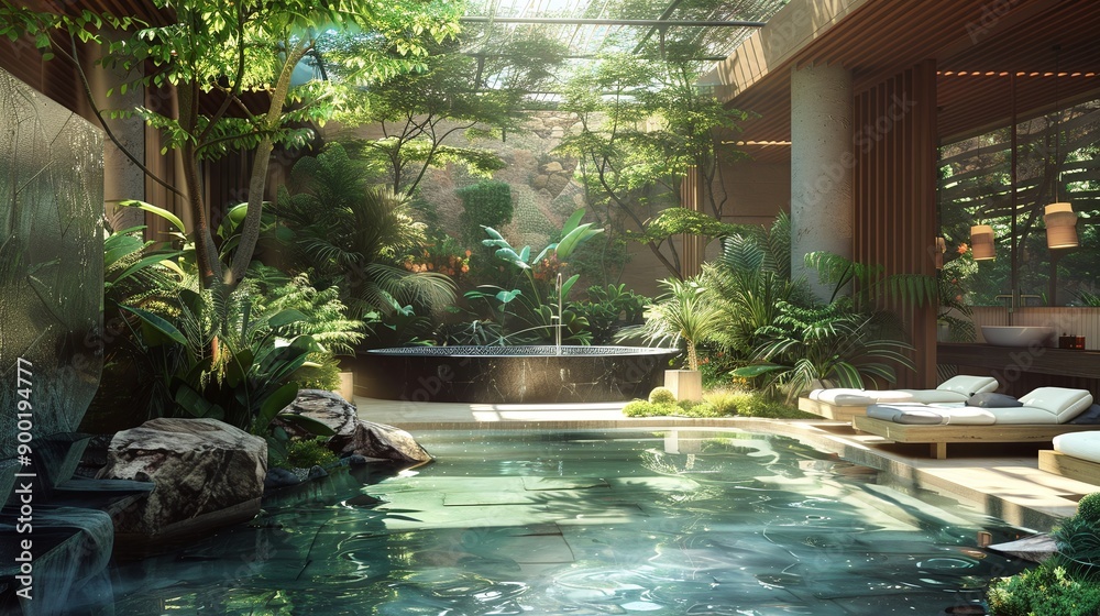 Fototapeta premium Luxurious Spa Retreat with Indoor Pool and Lush Greenery. generative ai illustration.