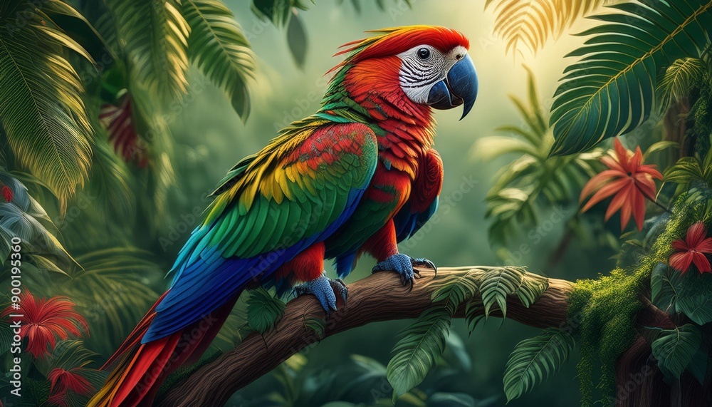 Fototapeta premium a vibrant macaw parrot, perched on a rainforest branch, with intricate feather