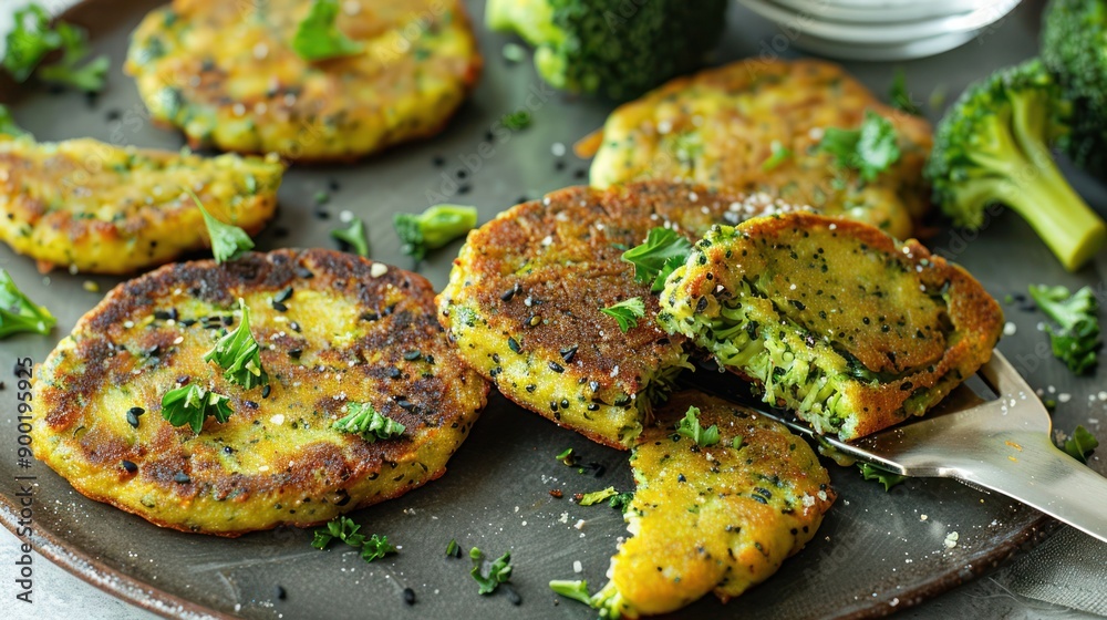 Healthy vegetable patties, pancakes with parmesan and mozzarella cheese, fried broccoli fritters