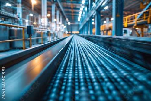 Motion-blurred conveyor belt at an industrial recycling plant showcasing the dynamic waste sorting and processing system for renewable fuel production.