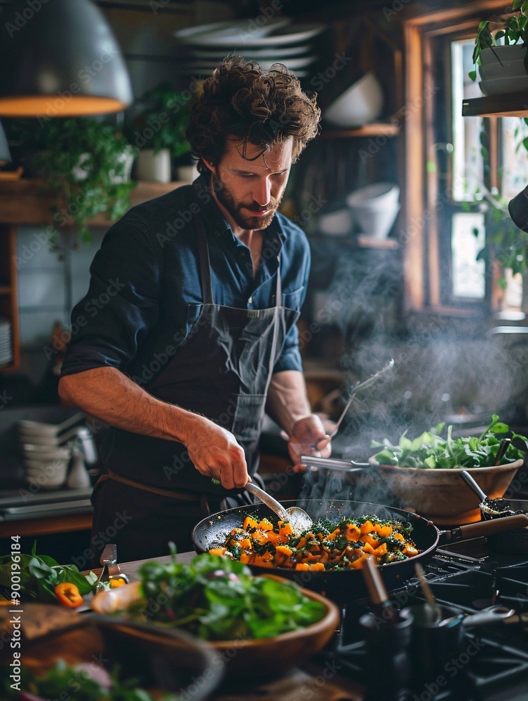 High-quality food cooked by an unidentified man in a home kitchen. High-quality food cooked by an unidentified man in a home kitchen.