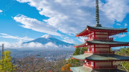 4K Time lapse of Mount Fuji with Chureito Pagoda at sunrise in autumn, Fujiyoshida, Japan on morning. Fuji with Chureito at Fujiyoshida city.