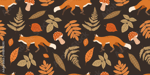 Autumn cozy folk pattern with a fox and autumn leaves and plants