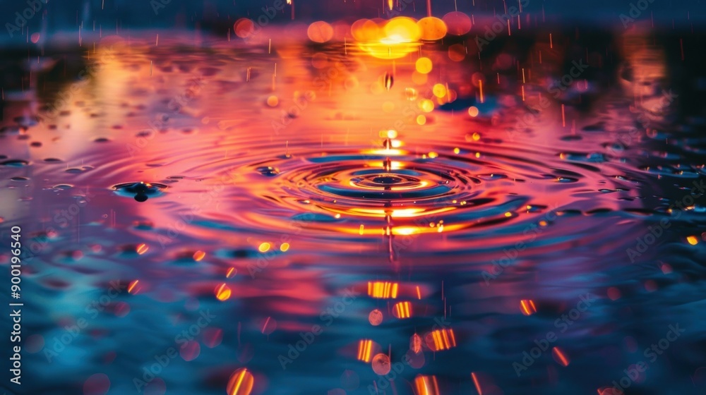 Colorful water background with raindrops at sunset Colorful water background with raindrops at sunset