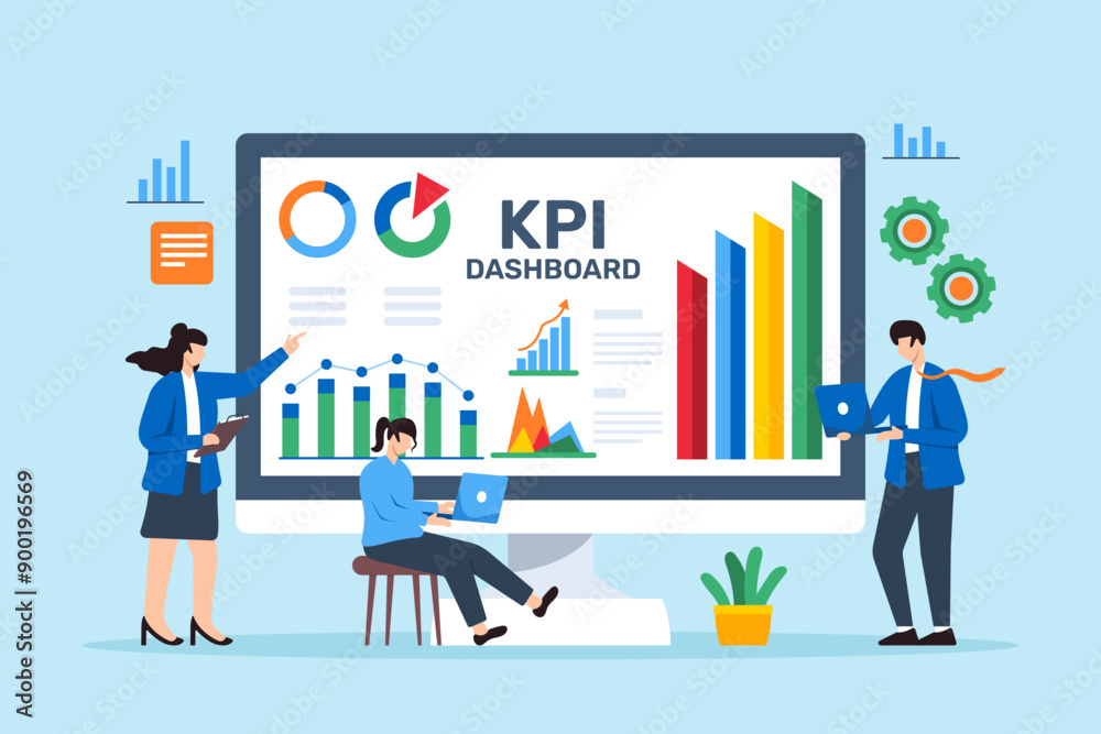 KPI monitoring and evaluation, goal setting concept vector illustration. Business analysts measuring key performance indicator on digital dashboards KPI monitoring and evaluation, goal setting concept vector illustration. Business analysts measuring key performance indicator on digital dashboards
