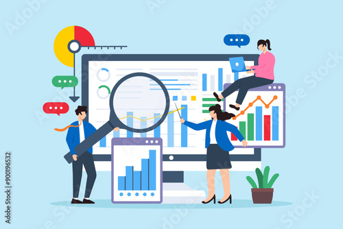Business people analyzing data charts and graphs on computer screen vector illustration