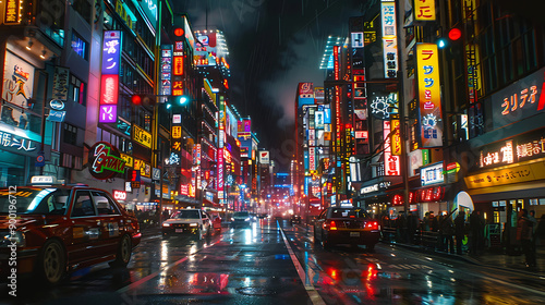 A night of the neon street at the downtown in Shinjuku Tokyo wide shot