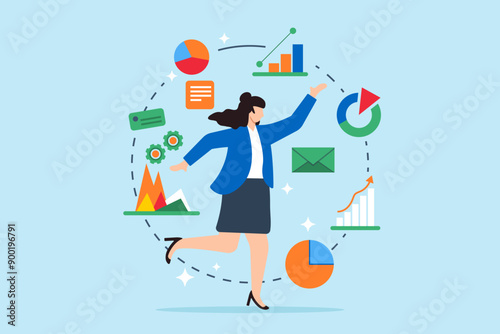 Choreographing marketing strategy, data-driven movement, strategic harmony, collaborative planning concept vector illustration. Business analysts performing dance with financial charts