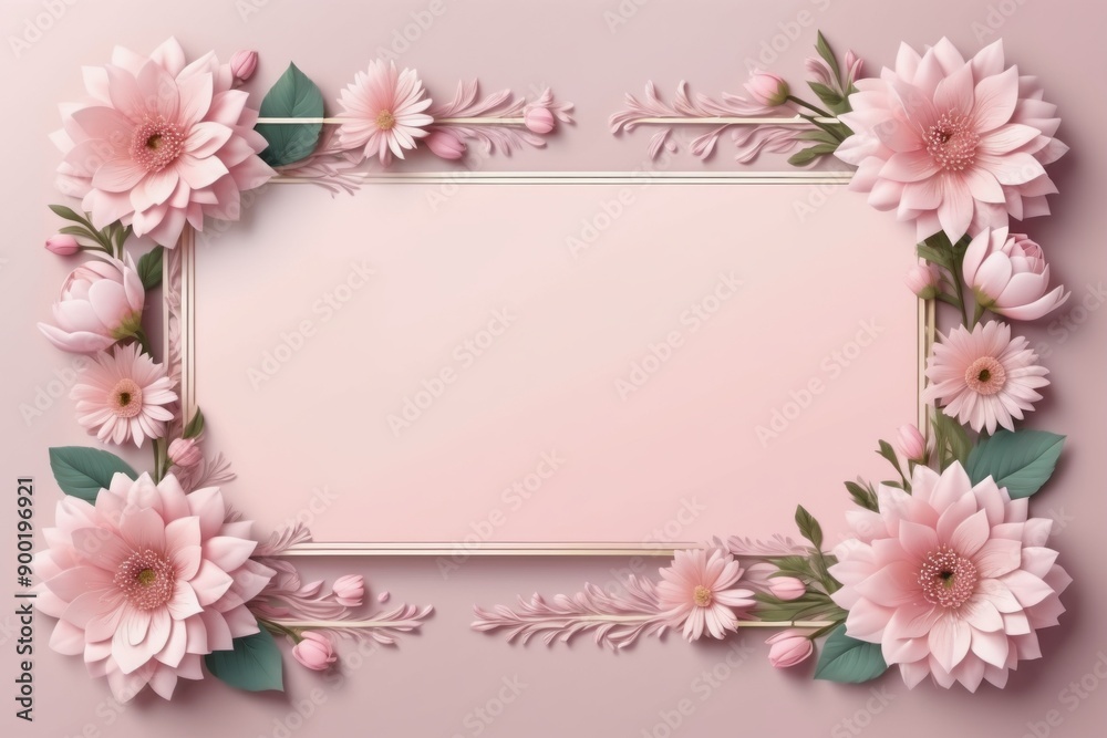 white pink floral frame with delicate blossom and green leaves for spring card design on pink background white pink floral frame with delicate blossom and green leaves for spring card design on pink background