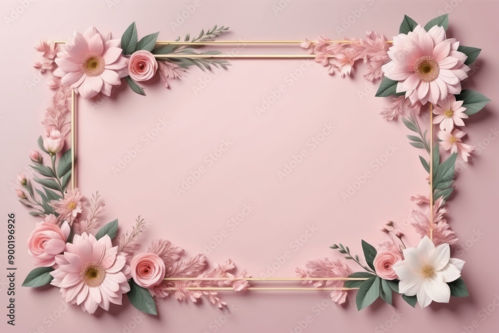 white pink floral frame with delicate blossom and green leaves for spring card design on pink background white pink floral frame with delicate blossom and green leaves for spring card design on pink background