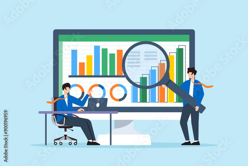 Forecasting financial modeling performance, budgeting, and scenario planning concept vector illustration. Business analysts working with spreadsheets and graphs