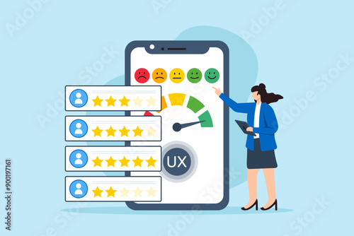 User experience evaluation, assessing customer journey, enhancing satisfaction, UX analysis concept vector illustration. Business analyst reviewing feedback and personas