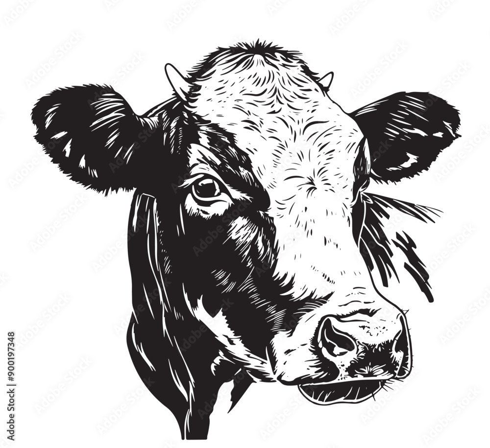 Farm cow head sketch hand drawn line art engraving Vector illustration ...