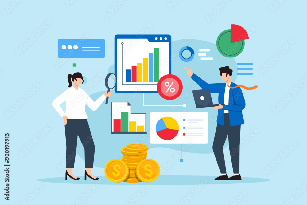 Economic impact analysis, assessing effects of economy changes, macroeconomic, forecasting concept vector illustration, business analyst analyzing indicators Economic impact analysis, assessing effects of economy changes, macroeconomic, forecasting concept vector illustration, business analyst analyzing indicators