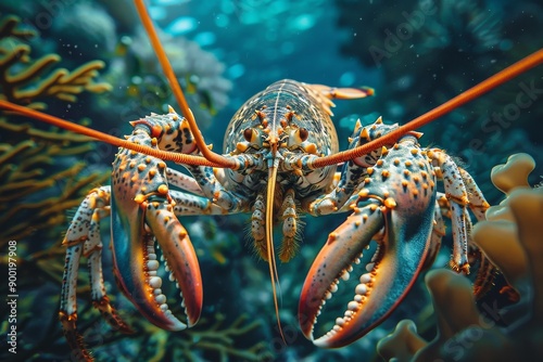 Vibrant lobster in its natural sea habitat.
