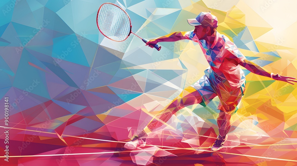 Obraz premium Polygonal professional badminton player on colorful low poly. 