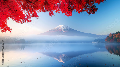 Colorful Autumn Season and Mountain Fuji with morning fog and red leaves at lake Kawaguchiko is one of the best places in Japan photo