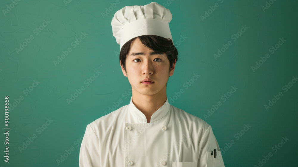 A 19 year old Japanese youth, dressed in a chef's uniform, stands against a green background. A 19 year old Japanese youth, dressed in a chef's uniform, stands against a green background.