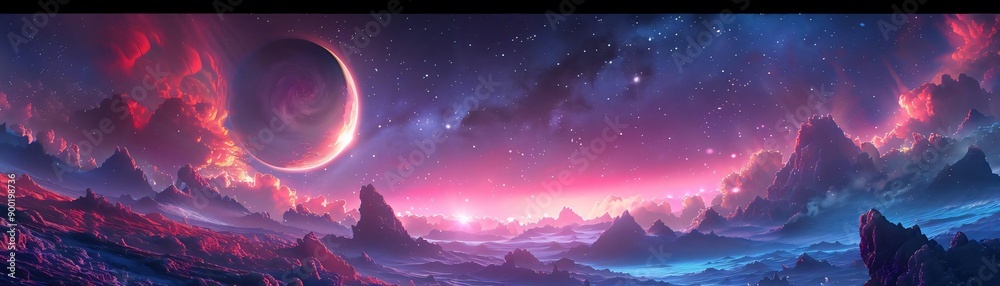 A stunning cosmic landscape featuring vibrant colors, celestial bodies, and vivid clouds, perfect for sci-fi and fantasy themes. A stunning cosmic landscape featuring vibrant colors, celestial bodies, and vivid clouds, perfect for sci-fi and fantasy themes.