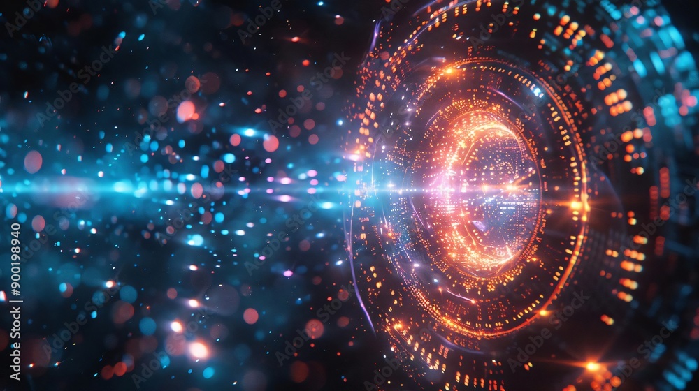 Vibrant cosmic illustration featuring colorful particles and light beams, creating a mesmerizing digital universe effect.