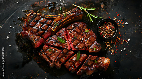 Wallpaper Mural Dry Aged Barbecue Porterhouse Steak T-bone beef steak sliced with large fillet piece with herbs and salt. American meat restaurant. square image, top view Torontodigital.ca