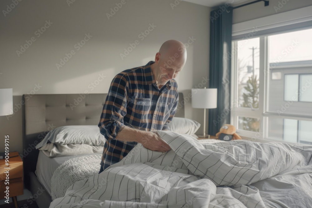 Bald Man Making a Bed in a Modern Bedroom Bald Man Making a Bed in a Modern Bedroom