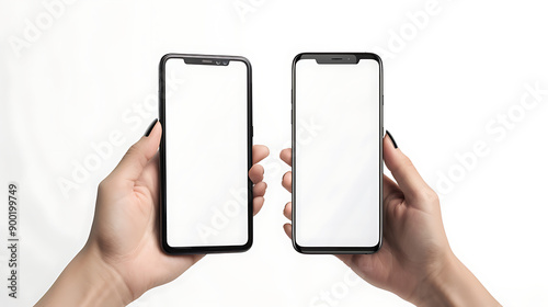 Hand holding the black smartphone with blank screen and modern frame less design on yellow colour background