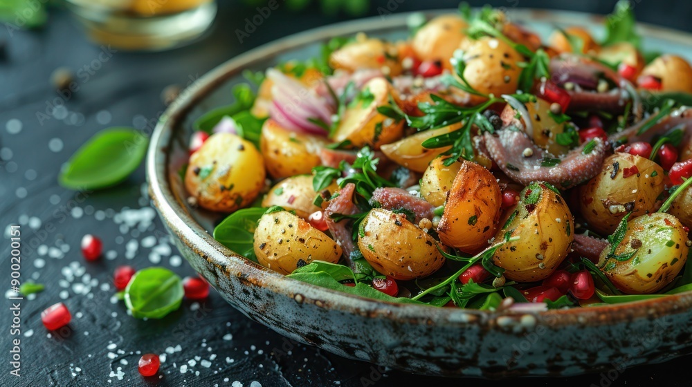 Fresh and colorful vegetable salad with baby potatoes, Warm salad with anchovy and baby potatoes. Fresh and colorful vegetable salad with baby potatoes, Warm salad with anchovy and baby potatoes.