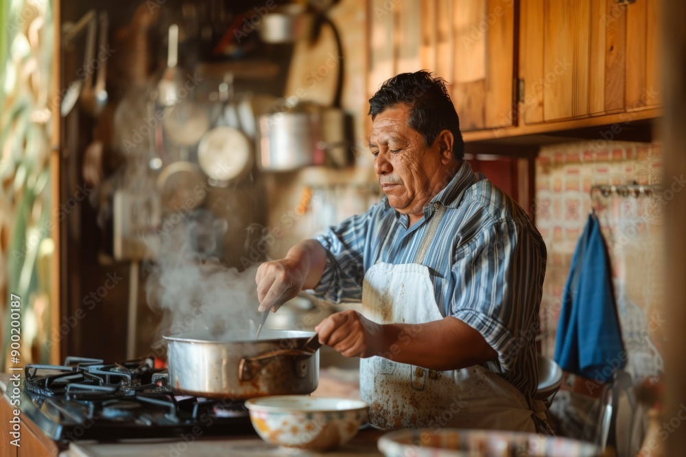 A man stirs a pot of steaming food on a stove in a rustic kitchen