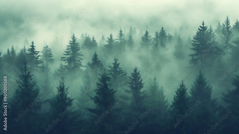 Fototapeta premium Misty landscape with fir forest in hipster vintage retro style