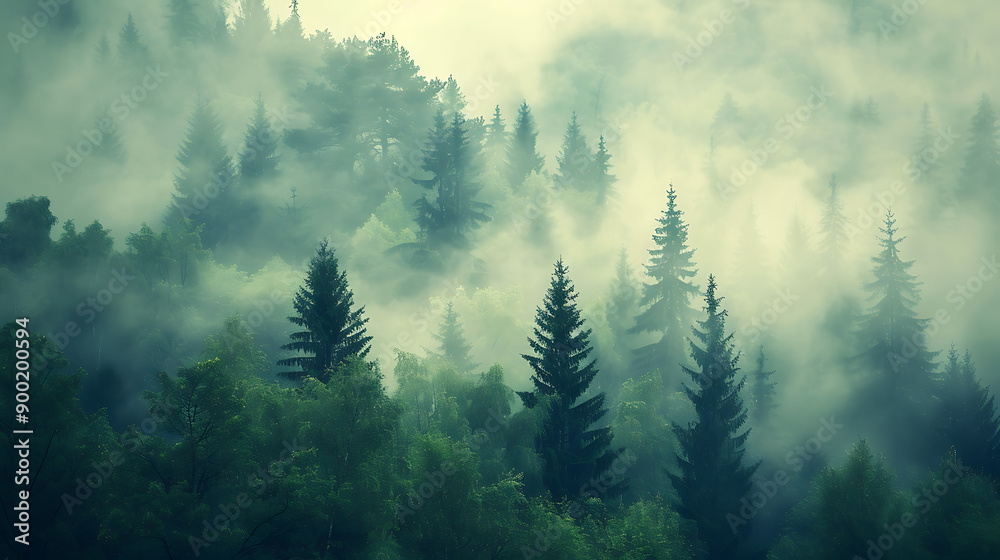 Fototapeta premium Misty landscape with fir forest in hipster vintage retro style