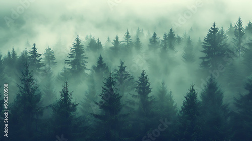 Misty landscape with fir forest in hipster vintage retro style